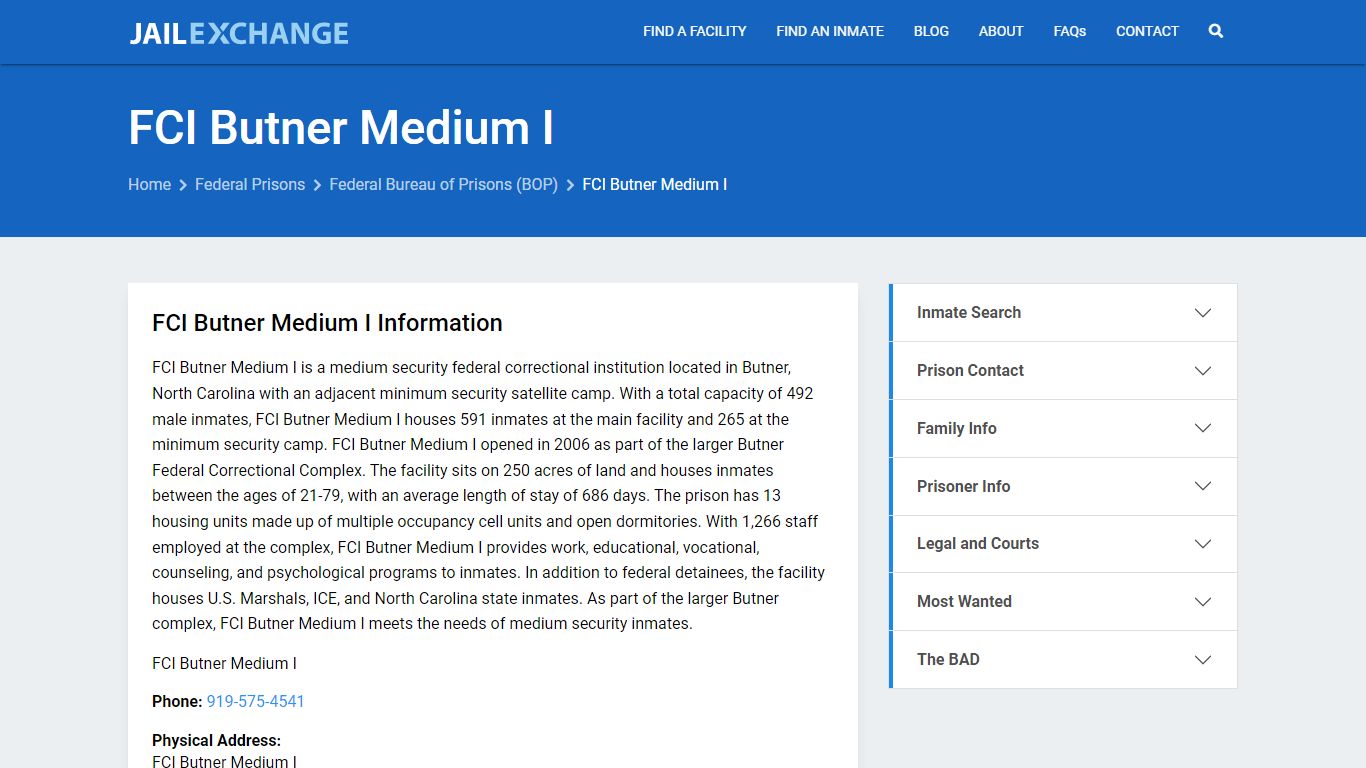 Federal Inmate Search - FCI Butner Medium I - Jail Exchange