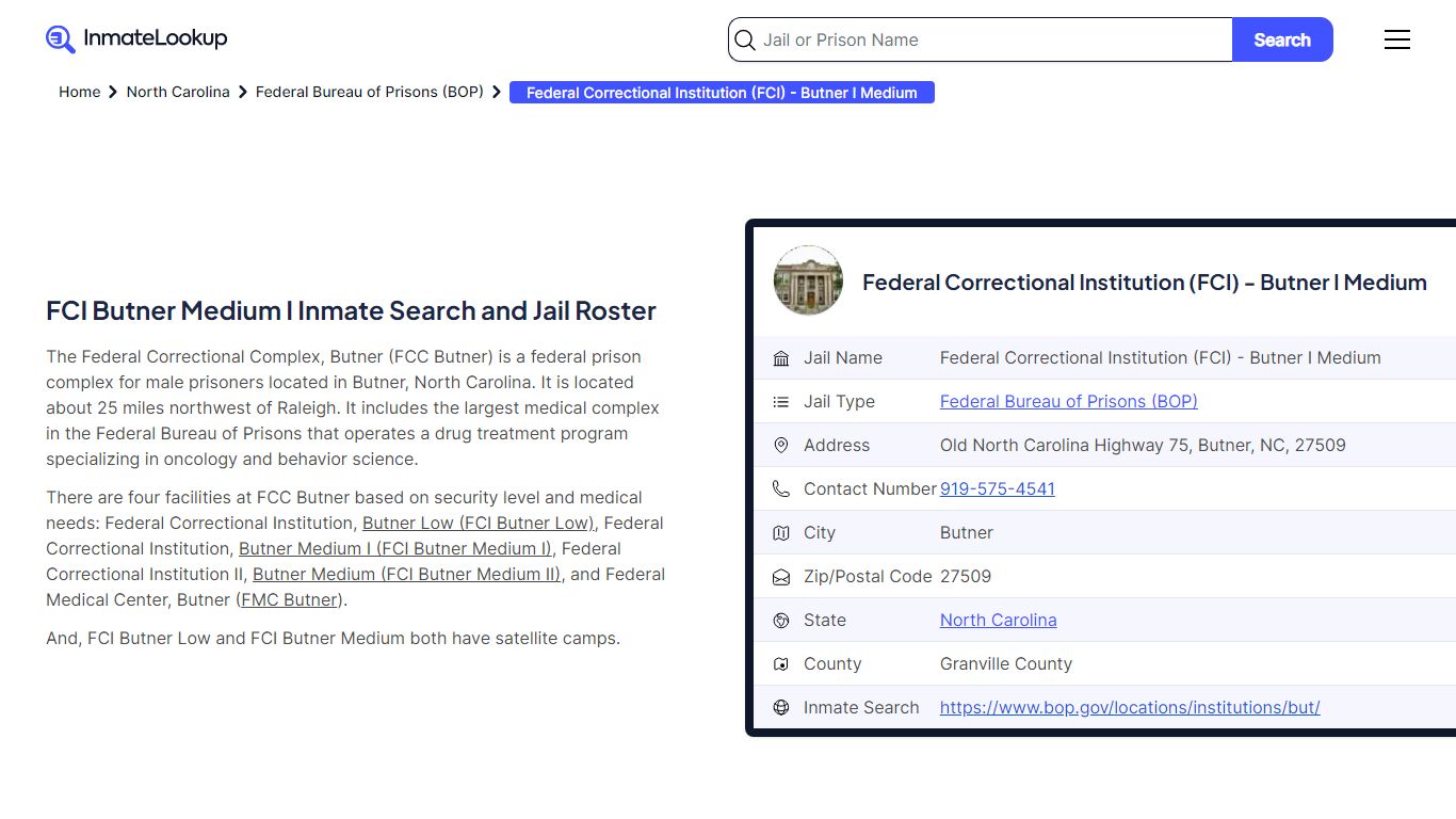 FCI Butner Medium I Inmate Search, Jail Roster, Calls - Prison Insight